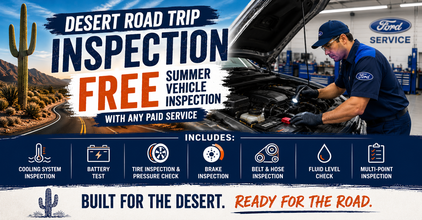Desert Road Trip Inspection, free summer vehicle inspection with any paid service